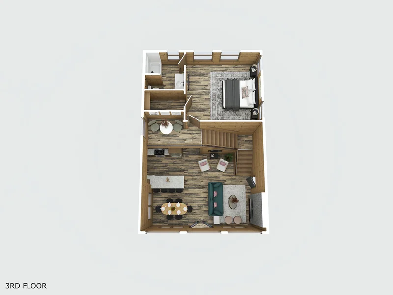 Overhead third-floor layout showing bedroom, living area, kitchen, and bathrooms