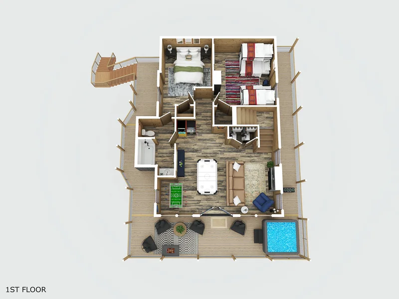 Overhead first-floor layout showing bedrooms, game room, decks, and hot tub