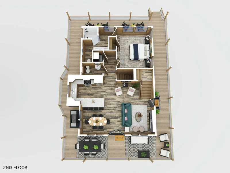 Overhead second-floor layout showing kitchen, living area, bedroom, and decks
