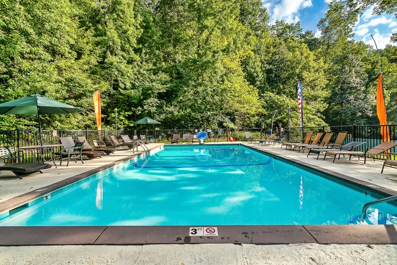 Swimming pool with lounge chairs, umbrellas, and wooded hillside